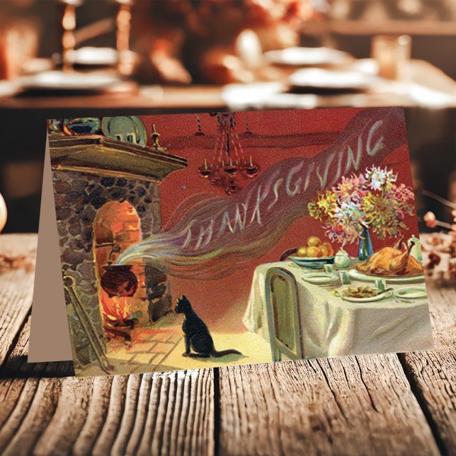 Vintage Katt Eldstad Turkdinner Thanksgiving Helgkort (Skapare uppladdad)