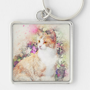 Vintage Katt Fyrkantig Silverfärgad Nyckelring