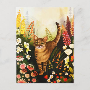 Vintage Katt i blommande gardens vattenfärg Helg Vykort