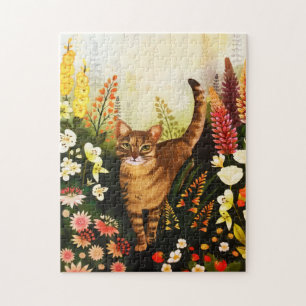 Vintage Katt i blommande gardens vattenfärg Pussel