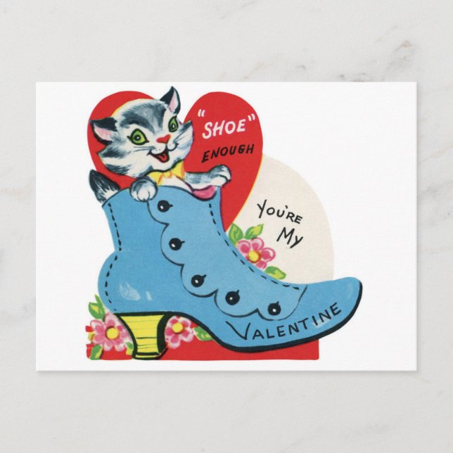 Vintage Katt i Blue Shoe Valentine Vykort (Framsida)