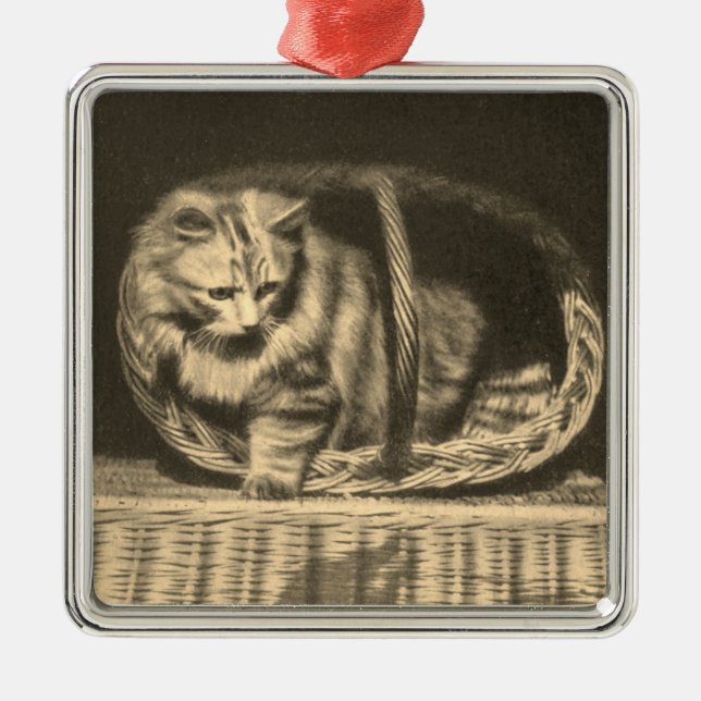 Vintage Katt i en korg Julgransprydnad Metall (Framsidan)
