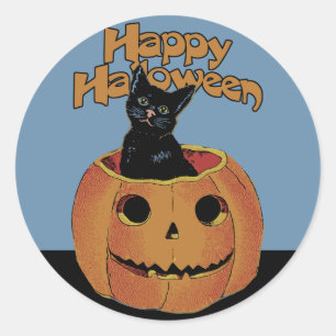 Vintage Katt i Jacken'o'Lantern Runt Klistermärke
