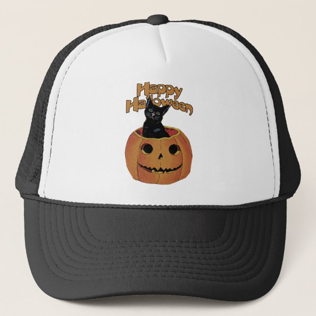 Vintage katt i Jack'o'Lantern Truckerkeps (Framsida)