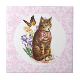 Vintage Katt Iris Blommor och Fjäril Kakelplatta