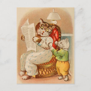 Vintage Katt Läsa tidningspapperet vykort