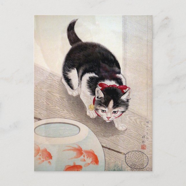 Vintage katt med guldfisk vykort (Framsida)