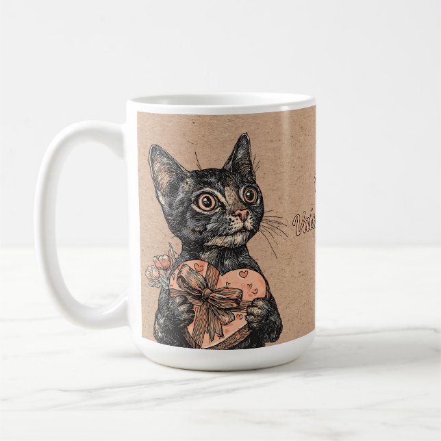Vintage Katt Med Hjärtask Valentine Dag Kaffemugg (Vänster)
