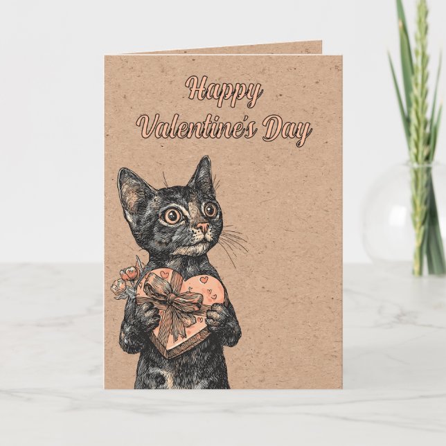 Vintage Katt Med Hjärtask Valentines Day Kort (Framsida)