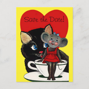 Vintage Katt Mus Rött Hjärta, Bröllop Spara Datum Meddelande Vykort