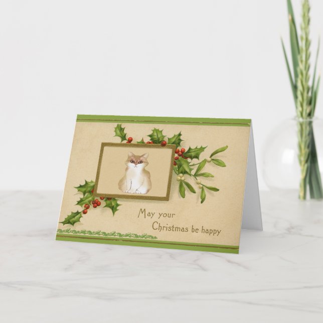 Vintage Katt- och Holly-julkort Kort (Framsida)