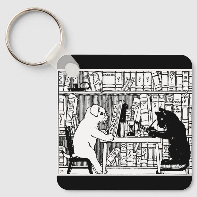 Vintage katt och hund Biblioteksbok Litterär  Nyckelring (Framsida)