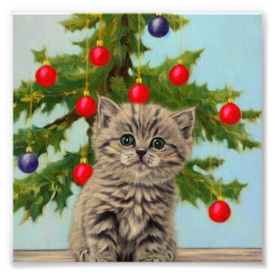 Vintage Katt och Julgran Fototryck
