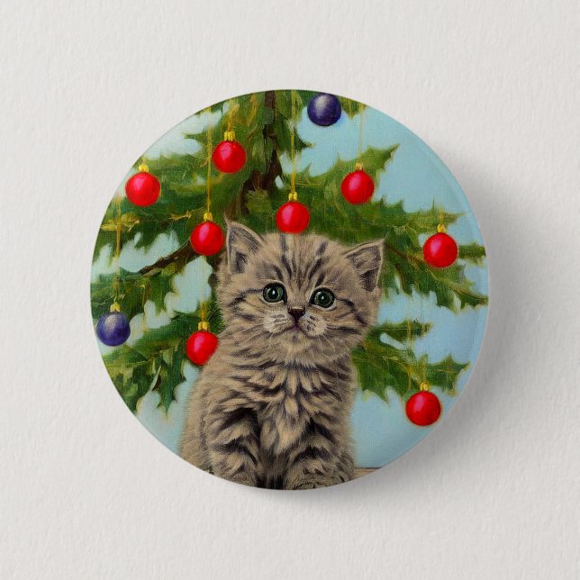Vintage Katt och Julgran Knapp (Framsida)