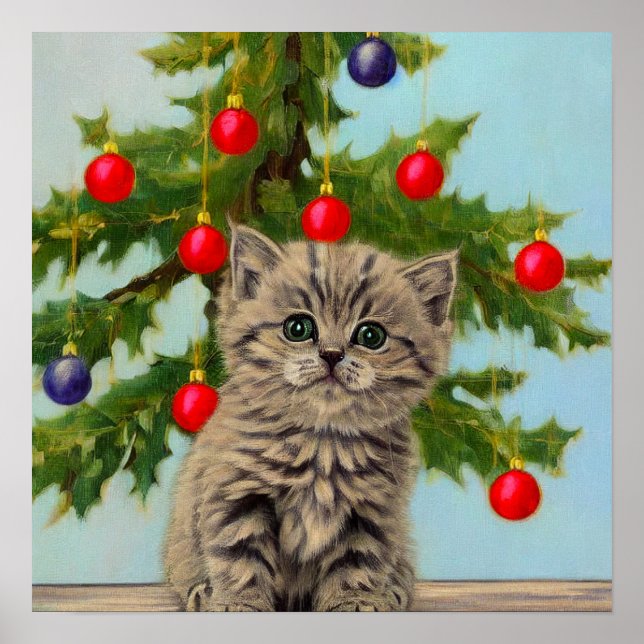 Vintage Katt och Julgran Poster (Framsidan)