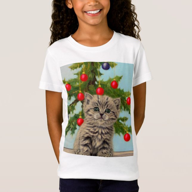 Vintage Katt och Julgran T Shirt (Framsida)