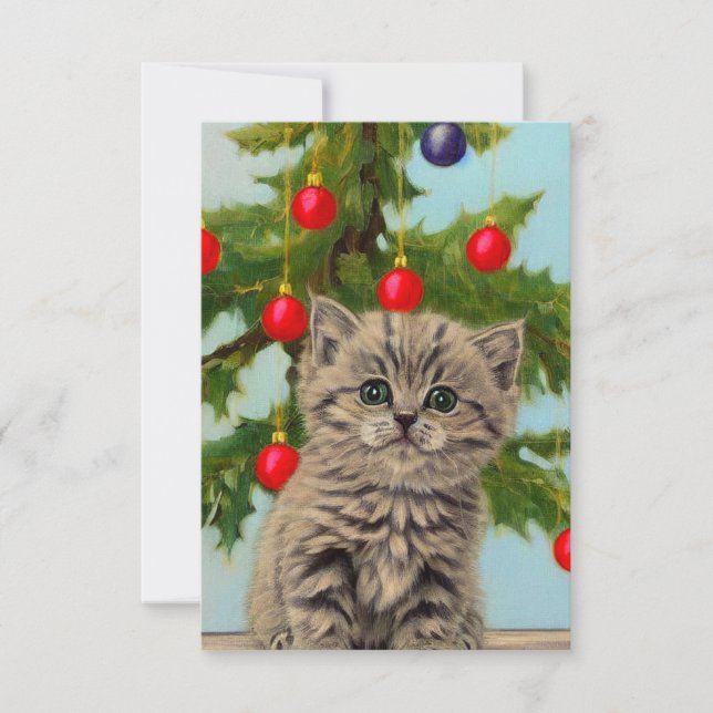 Vintage Katt och Julgran Tack Kort (Framsida)