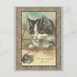 Vintage katt och mus "väntar på mig"? vykort