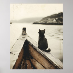 Vintage Katt på Båt Sepia Ton Poster