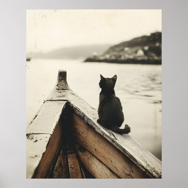 Vintage Katt på Båt Sepia Ton Poster (Framsidan)