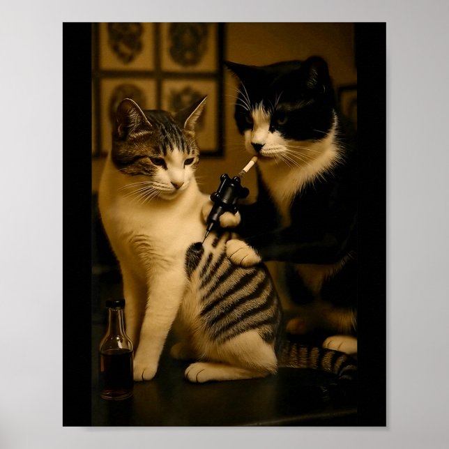 Vintage Katt Rökande Tattoo Bläckad Katt Konstnär  Poster (Framsidan)