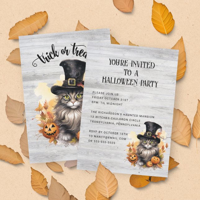 Vintage Katt Rustik Anpassad Halloweenfest Inbjudningar (Front and Back View)