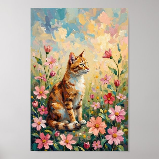 Vintage katt trädgård blomster konst poster (Framsidan)