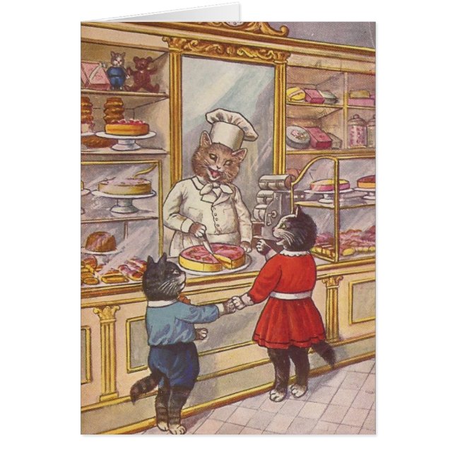 Vintage - katter besöker ett bageri, hälsningskort (Framsidan)