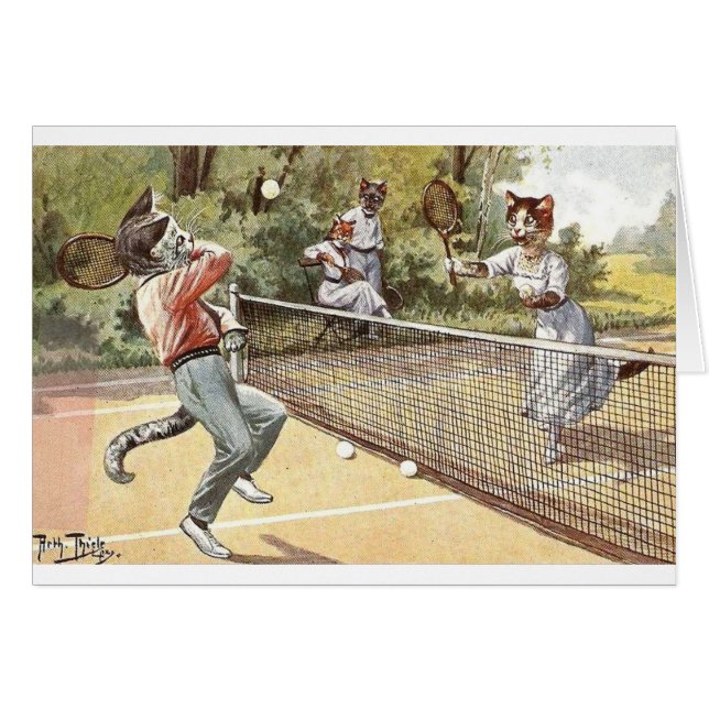 Vintage - katter som leker tennis, hälsningskort (Framsidan Horizontal)