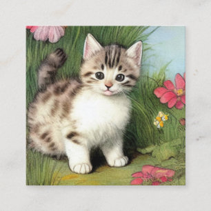 Vintage kattillustration med röda blommor tilläggskort
