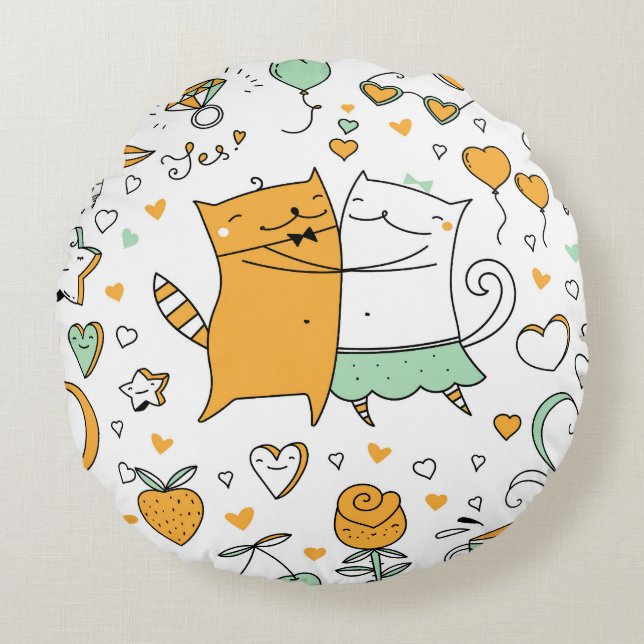 Vintage kattpar: sömlösa ikoner. rund kudde (Framsidan)