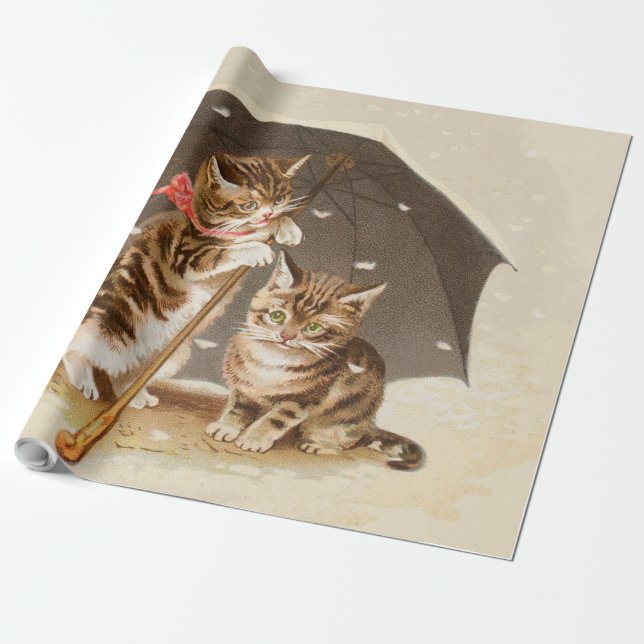 Vintage kattungar under paraply Antik kattkonst Presentpapper (Utrullad)