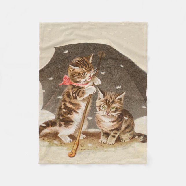 Vintage kattungar under paraply antikt kattkonst fleecefilt (Framsidan)