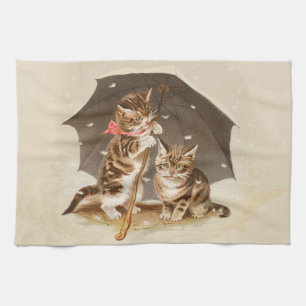 Vintage kattungar under paraply antikt kattkonst kökshandduk