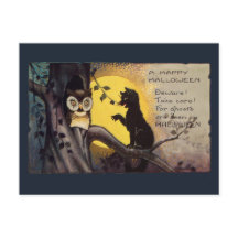 Vintage kattvarning uggla spöklik Halloween vykort