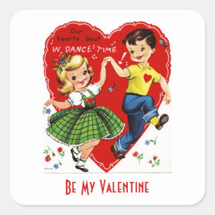 Vintage Kids Dancing Valentine Fyrkantigt Klistermärke