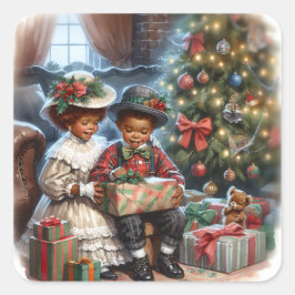 Vintage Kids Open Julklapp Fyrkantigt Klistermärke