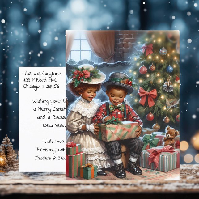 Vintage Kids Open Julklapp Vykort (Skapare uppladdad)