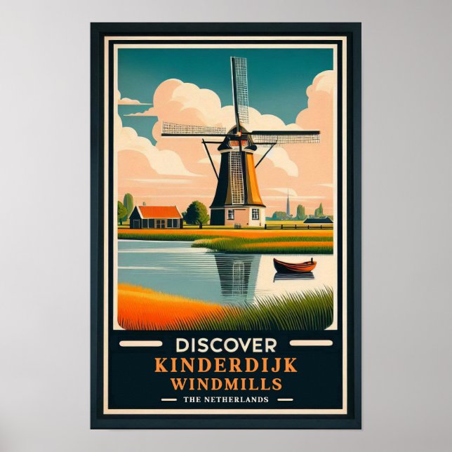 Vintage Kinderdijk Windmills Travel Poster (Framsidan)