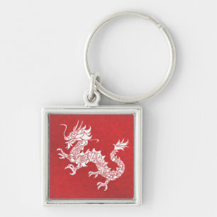 Vintage kinesisk drak stamemblem röd fyrkantig silverfärgad nyckelring