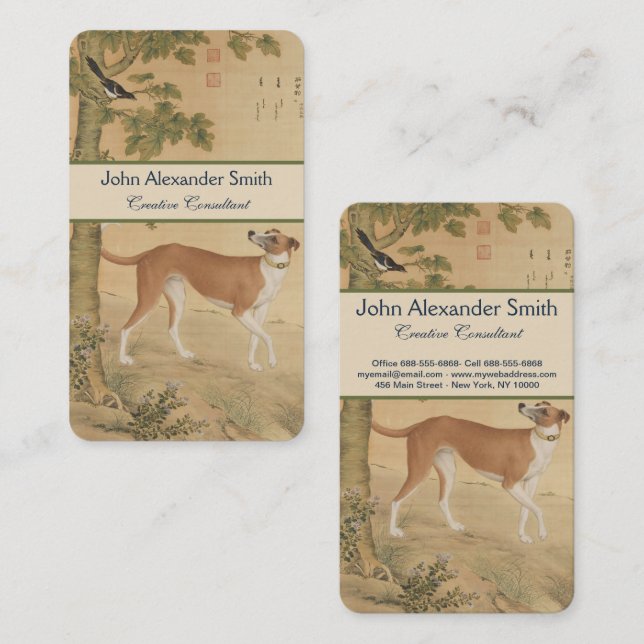 Vintage kinesisk Greyhound Hund & Fågel Konst Visitkort (Fram/baksida)