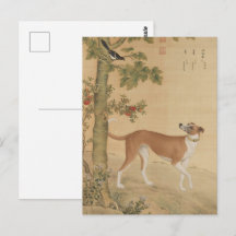 Vintage kinesisk Greyhound Hund & Fågel Konst