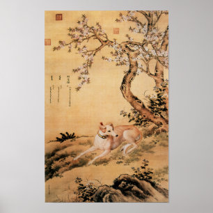 Vintage kinesisk Greyhound under persikoblommor Poster