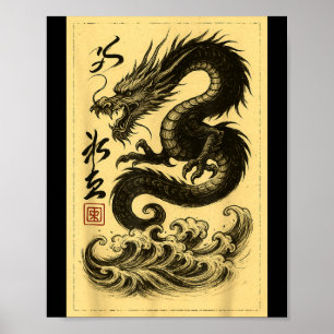 Vintage kinesisk svart drak asiatisk japansk Ukiyo Poster