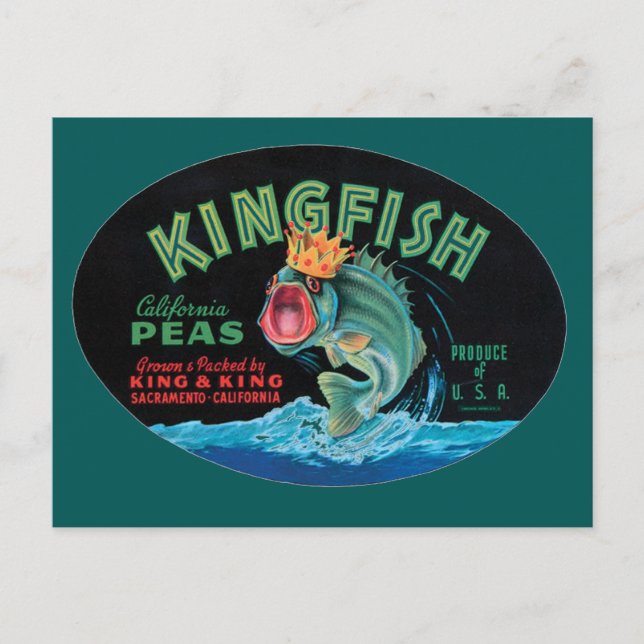 Vintage Kingfish Peas Label Vykort (Framsida)