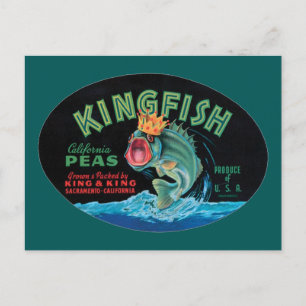 Vintage Kingfish Peas Låda-etikett Vykort