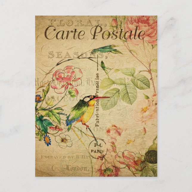 Vintage Kingfisher Bird Blommigt Flowers Fransk Vykort (Framsida)