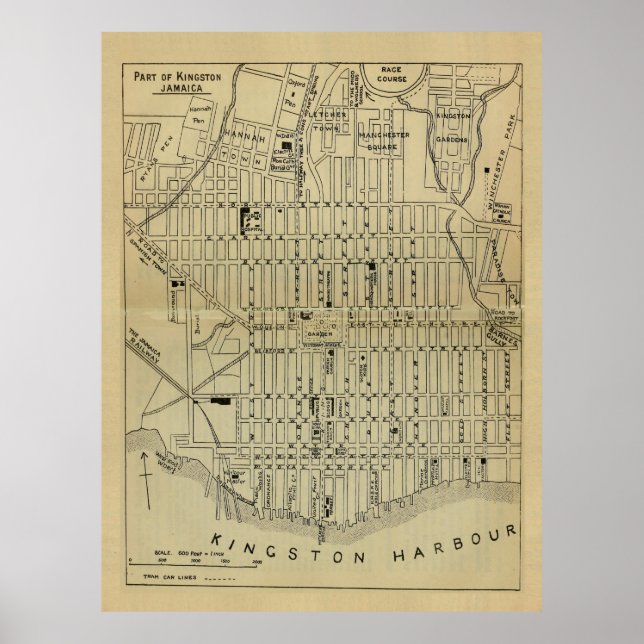 Vintage Kingston Jamaica Karta (1914) Poster (Framsidan)