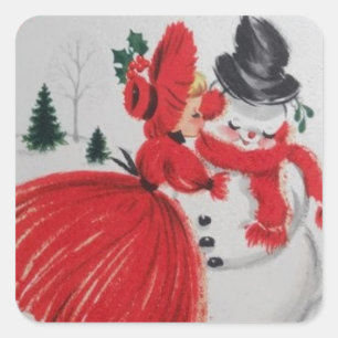 Vintage Kissing A Snögubbe Fyrkantigt Klistermärke