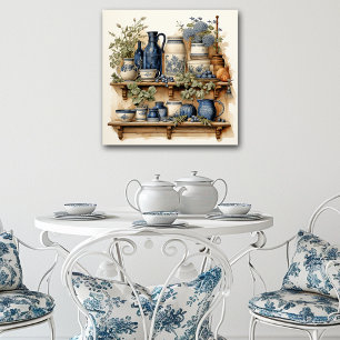 Vintage Kitchen Shelf Blue White Canister Jugs Bur Poster